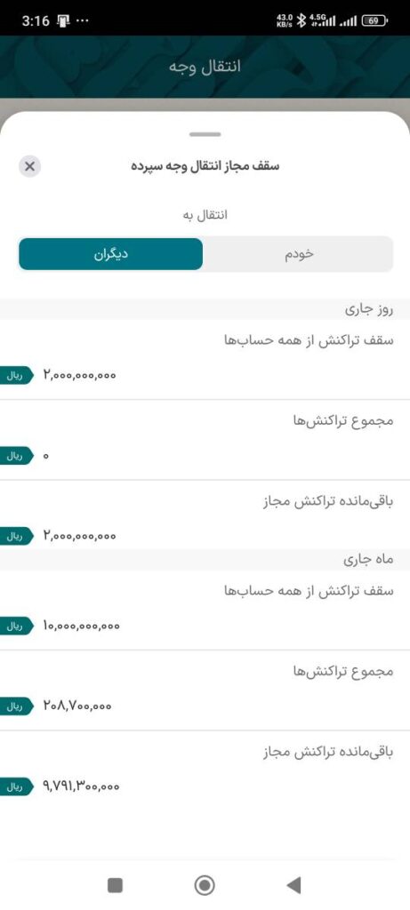 توجه داشته باشید در این صفحه با انتخاب سقف مبلغ مجاز می‌توانید سقف مجاز انتقال خود را در روز جاری و در ماه جاری مشاهده کنید.

