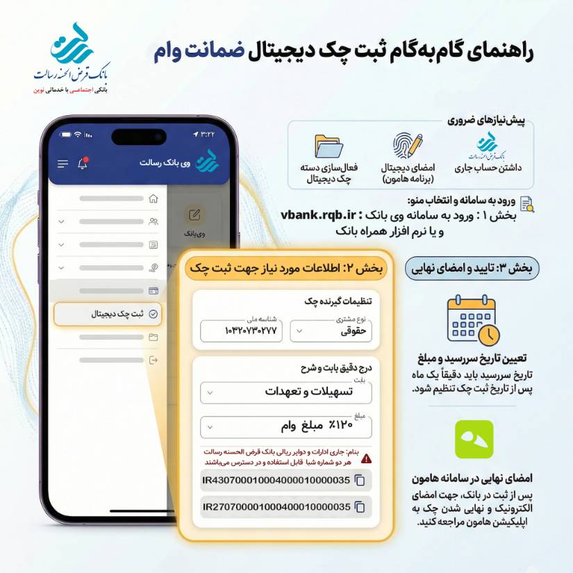 مراحل ثبت چک دیجیتال برای ضمانت وام در وی بانک و همراه بانک رسالت